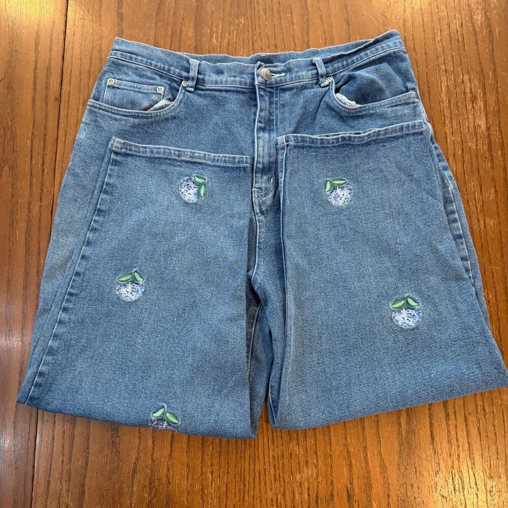 Quacker Factory Jeans Size 16 Blue Denim Hydrangea Floral Embroidered Stretch - Picture 5 of 11